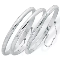 Polished, Engraved and Floral Three-Piece Bangle Set in .925 Sterling Silver