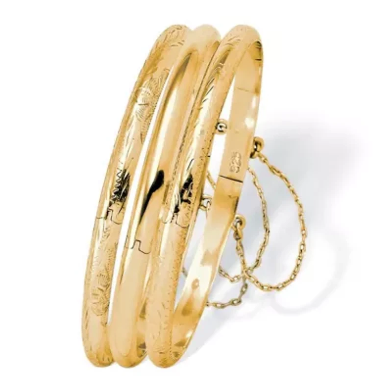 18k Gold-plated Silver 3-Piece Set of Etched and Polished Bangle Bracelets