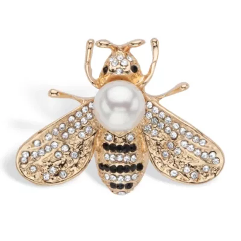 Black and White Crystal Bee Pin With Simulated Pearl Goldtone 1 1/4" Length