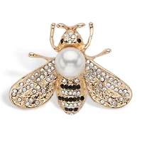 Black and White Crystal Bee Pin With Simulated Pearl Goldtone 1 1/4" Length