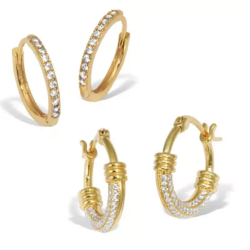 Round Crystal Goldtone Hoop Earrings, 2-Pair Set