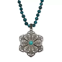 Round Genuine Jasper and Simulated Turquoise Silvertone Flower Necklace 34-inch