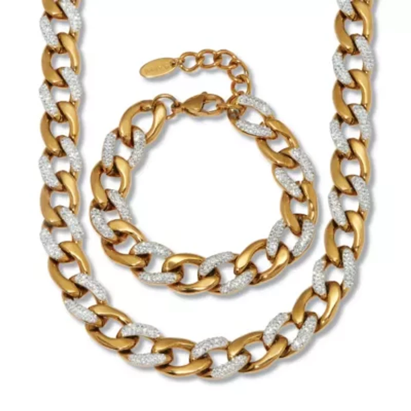 Round Crystal Gold Ion-Plated Stainless Steel Link Necklace Set 18 to 20-inch