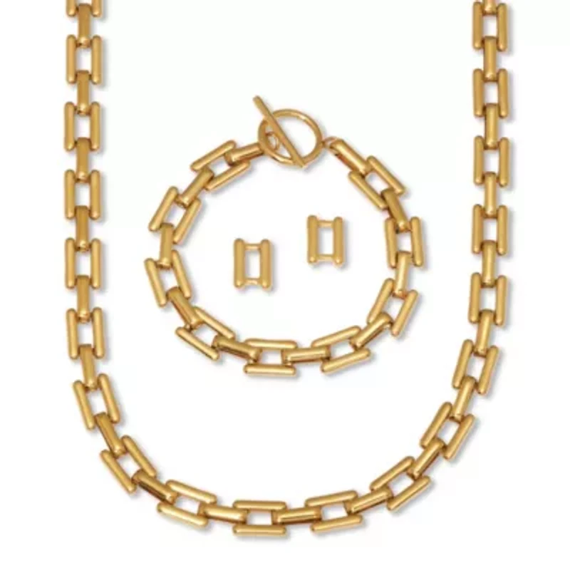 Yellow Gold Ion-Plated Stainless Steel Square Link Jewelry 3-Piece Set