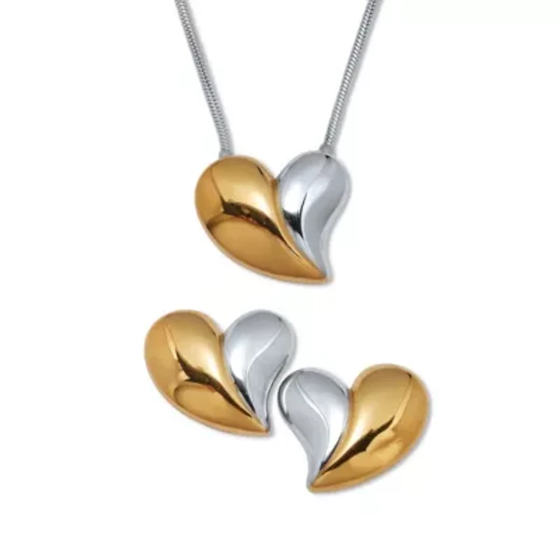 Two-Tone Yellow Gold Ion-Plated Stainless Steel Heart Necklace Set 20-inch