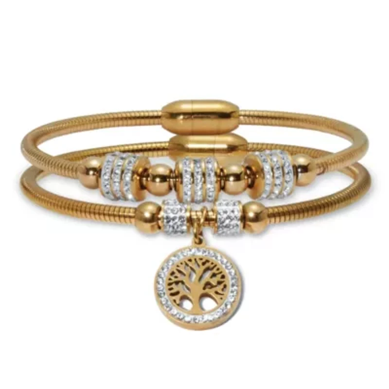 Crystal Gold Ion-Plated Stainless Steel Tree of Life Charm Bracelet Set 7-inch