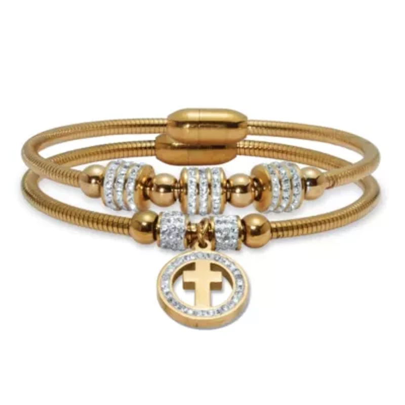 Round Crystal Gold Ion-Plated Stainless Steel Cross Charm Bracelet Set 7-inch