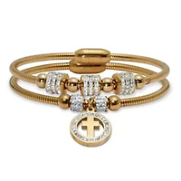 Round Crystal Gold Ion-Plated Stainless Steel Cross Charm Bracelet Set 7-inch
