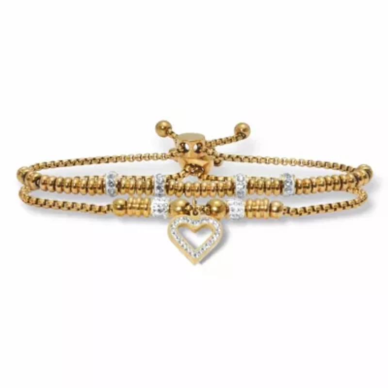 Round Crystal Gold Ion-Plated Stainless Steel Heart Charm Bracelet Set 7-inch