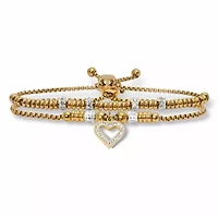Round Crystal Gold Ion-Plated Stainless Steel Heart Charm Bracelet Set 7-inch