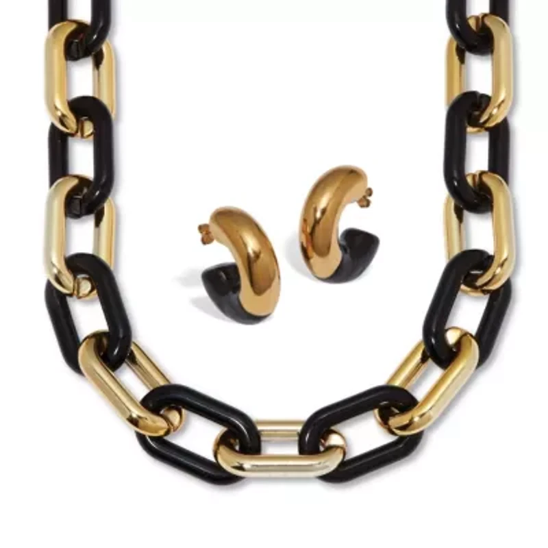 Acrylic Link Necklace Black and Gold Ion-Plated Stainless Steel Earrings Set