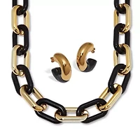 Acrylic Link Necklace Black and Gold Ion-Plated Stainless Steel Earrings Set