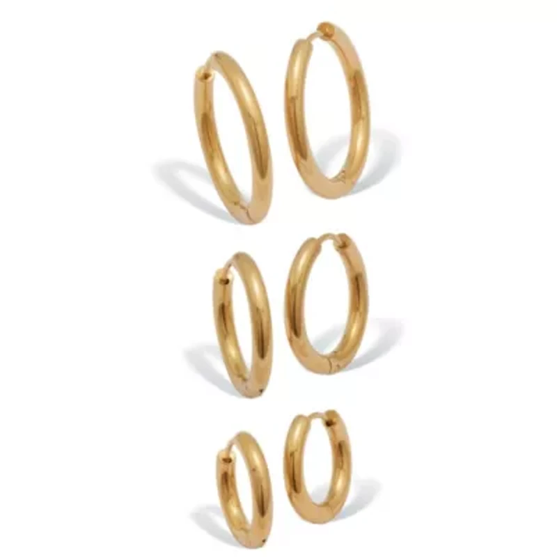 3-Pair Gold Ion-Plated Stainless Steel Hoops, 5/8-inch, 8/10-inch and 1-inch