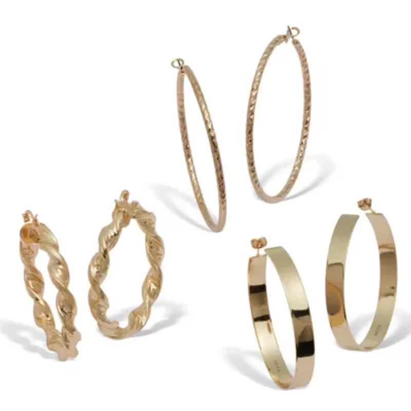 3 Pair Goldtone Rope and Twisted Hoop Earrings