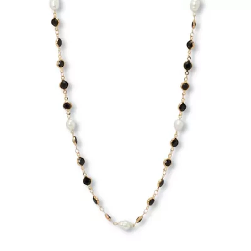 Crystal and Pearl Gold Ion-Plated Stainless Steel Long Necklace