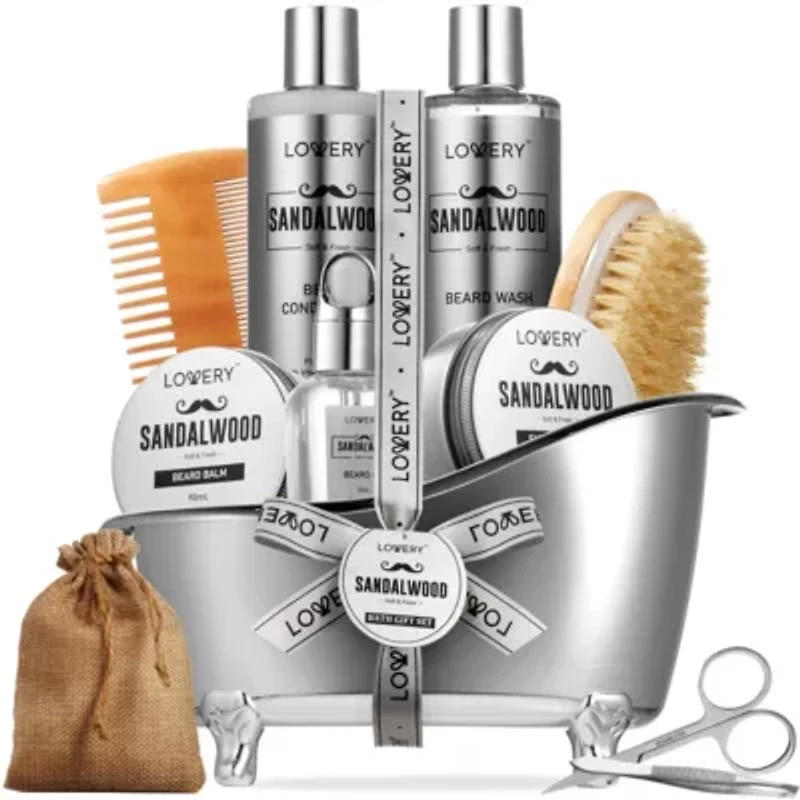 Luxury Silver Mens Bath and Body Gift Set, Sandalwood Selfcare Beard Grooming Kit