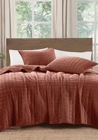 Brooklyn Loom Matte Cotton Velvet Wavy Square Stitch Quilt Set