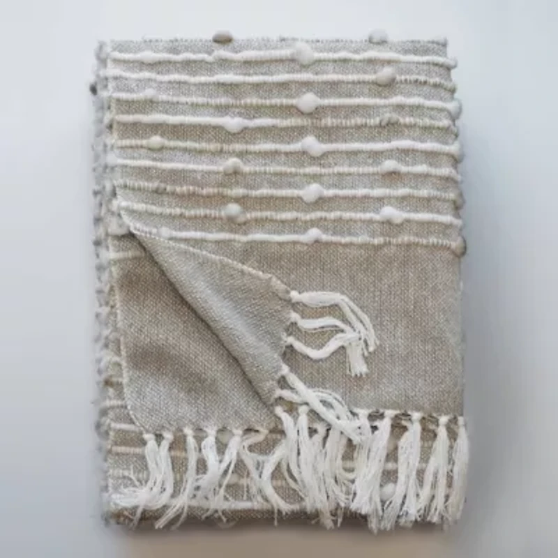 Damara Slub Stripe Tasseled Cotton Blend Throw