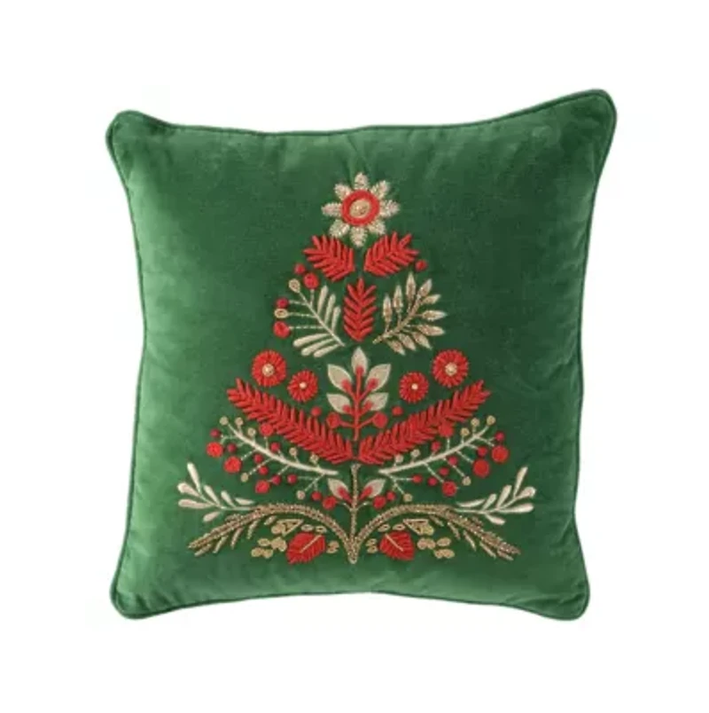 Green Floral Tree Motif 18X18 Poly Filled Holiday Pillow