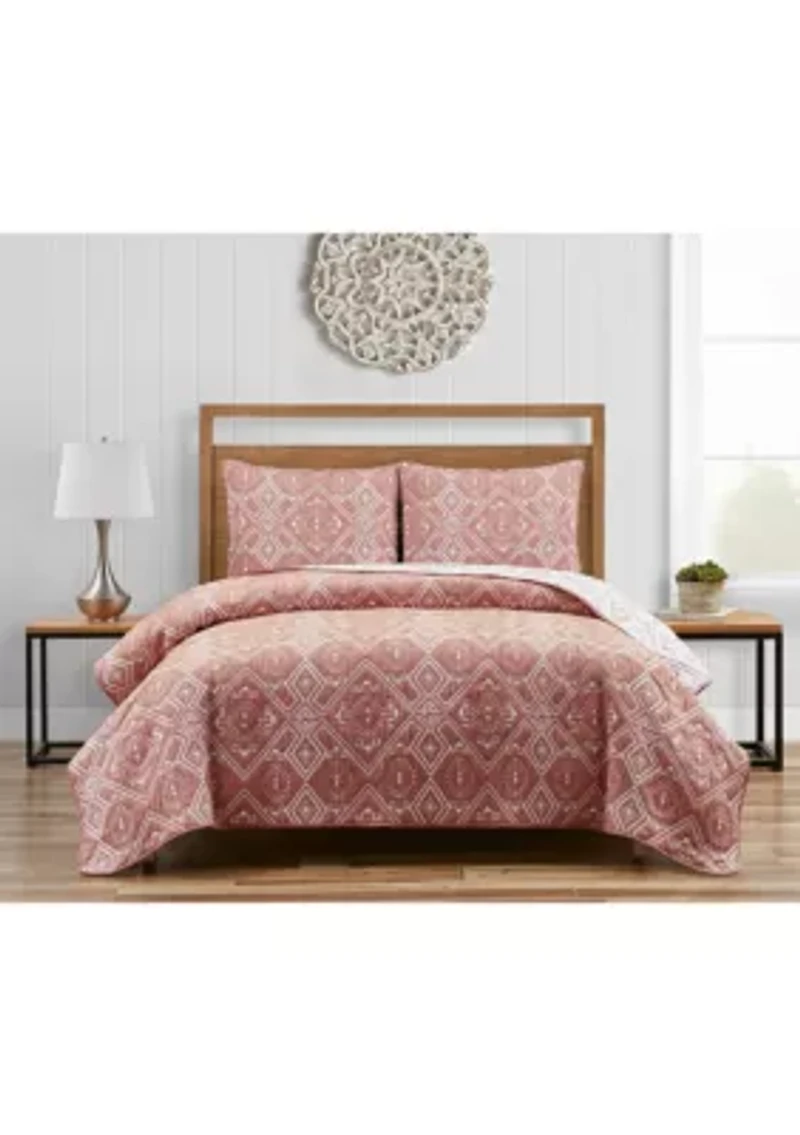 Santa Fe Tribal Apricot Soft Matelasse Jacquard Quilt Set