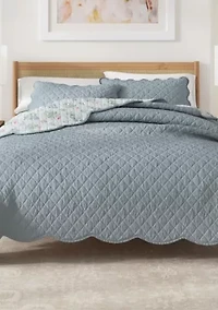 Blue Floral Scalloped Quilt Set
