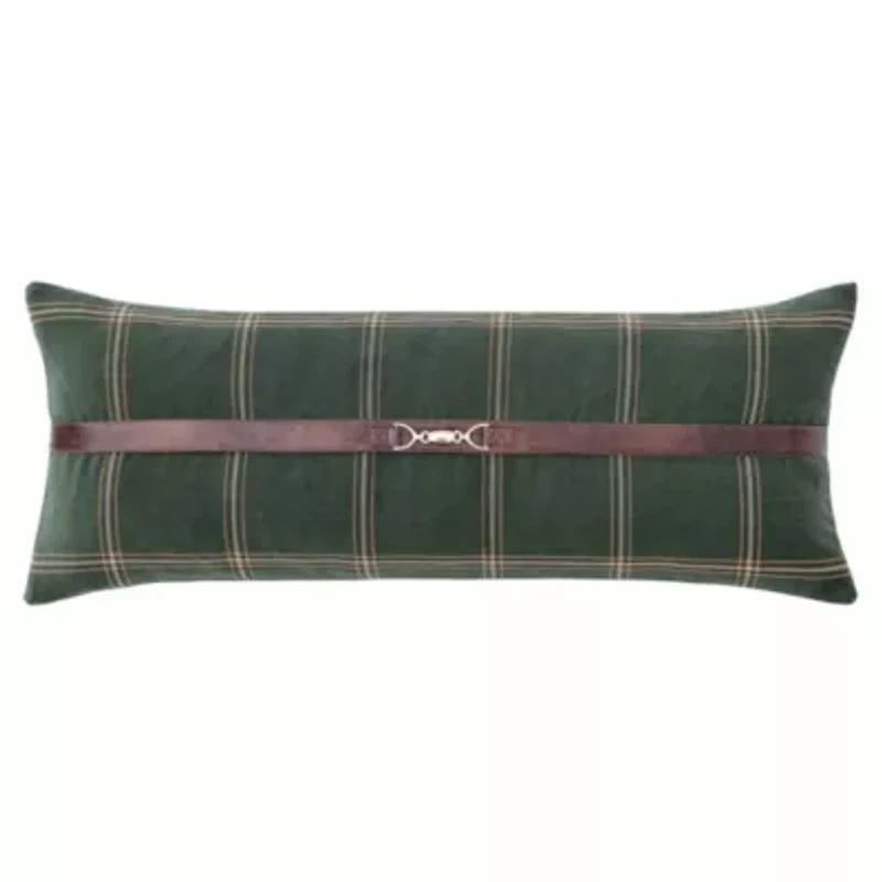 HiEnd Accents Windowpane Plaid Green Modern Rustic Bedding Buckle Detailed Lumbar Pillow, 14x36 inch