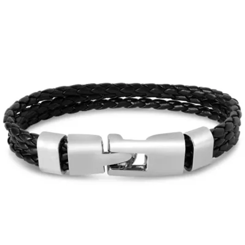 Bruno Magli Mens Three Strand Braided Leather Bracelet