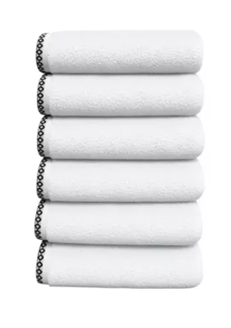 Quick-Dry Cotton Decorative Border 6 Pack Hand Towel Set