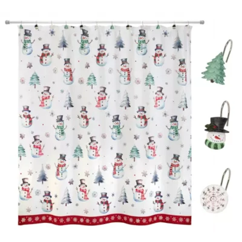 Winter Snowman Shower Curtain Shower Hooks Set