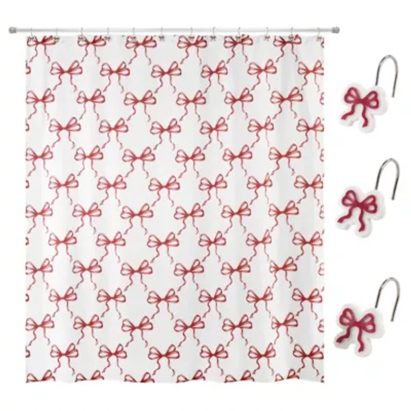 Christmas Bows Shower Curtain Shower Hooks Set