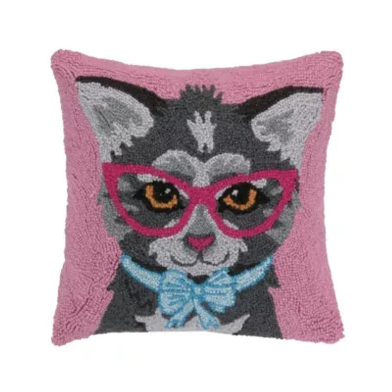 Cat with Bow Wool Hook Pillow
