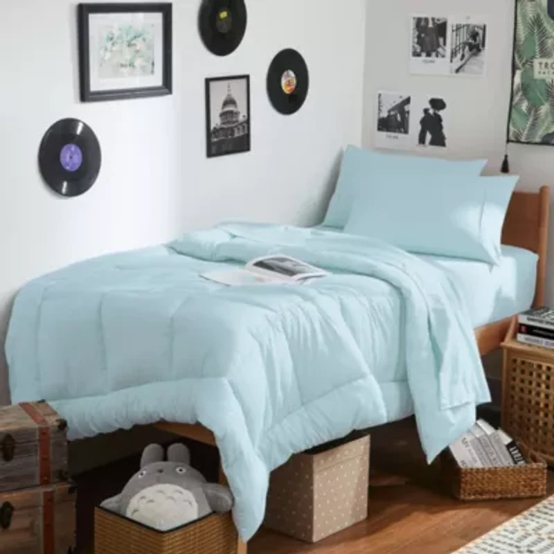7PC Campus Ready Dorm Twin XL Bedding Bundle, Solid Comforter, Pillows and Sheet Set
