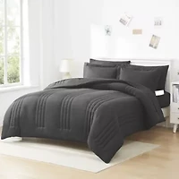 8 Piece Quilted Solid Stripe Comforter, Sheet Set and Mattress Protector Bedding Bundle