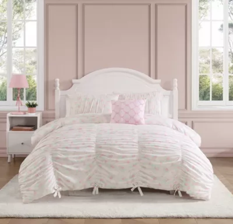 Roses and Bows Ruched Pink Embellished Girl's Microfiber 3-4 Piece Comforter Set