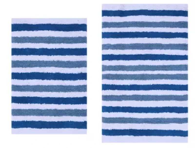 2 PC YARN DYED BATH RUG SET 17x24 & 21x34 BENGAL STRIPE OCEAN BLUE