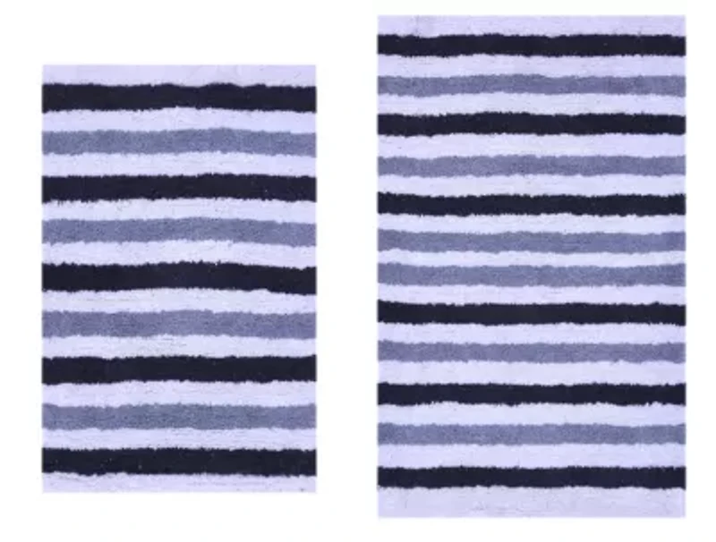 2 PC YARN DYED BATH RUG SET 17x24 & 21x34 BENGAL STRIPE GREY