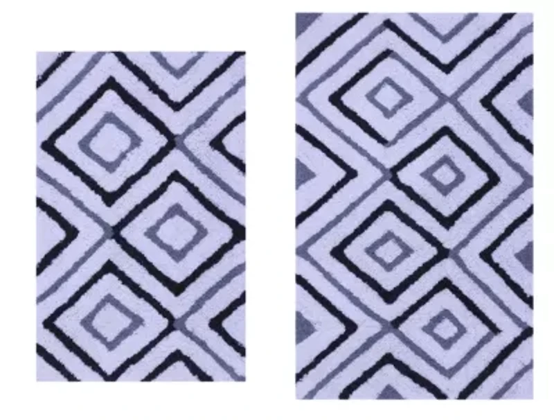 2 PC YARN DYED BATH RUG SET 17x24 & 21x34 DIAMOND BOXES GREY