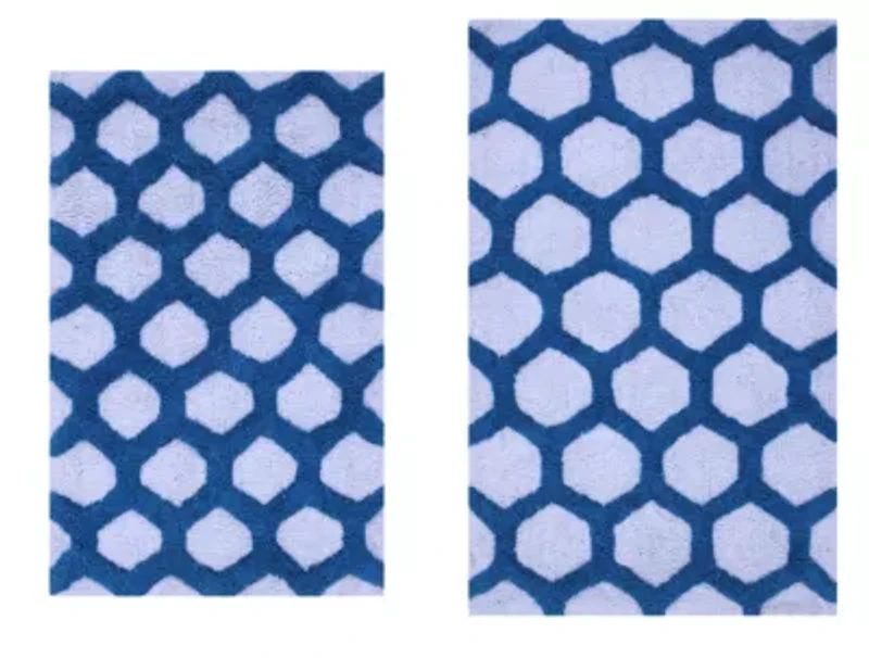 2 PC YARN DYED BATH RUG SET 17x24 & 21x34 HONEYCOMB OCEAN BLUE