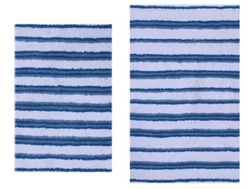 2 PC YARN DYED BATH RUG SET 17x24 & 21x34 THIN STRIPE OCEAN BLUE