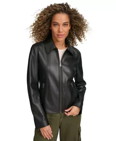 Faux Leather Laydown Collar Jacket