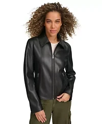 Faux Leather Laydown Collar Jacket