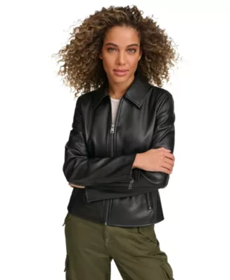 Faux Leather Laydown Collar Jacket