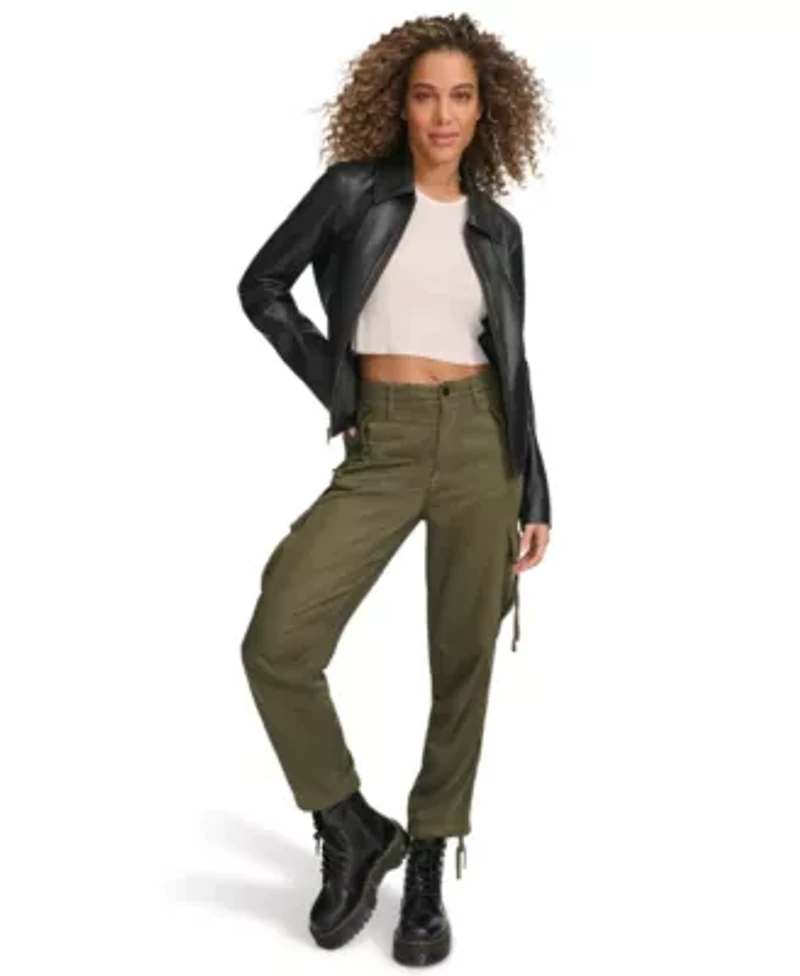 Faux Leather Laydown Collar Jacket