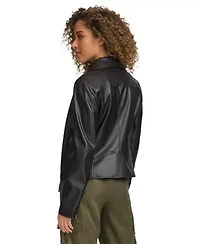 Faux Leather Laydown Collar Jacket