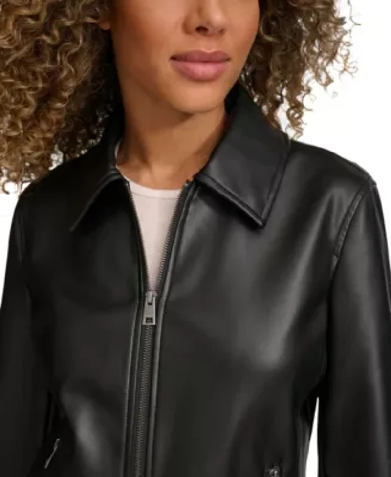 Faux Leather Laydown Collar Jacket