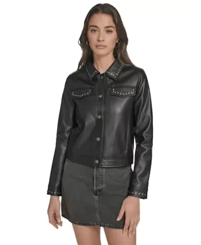 Faux Leather Studded Laydown Collar Jacket
