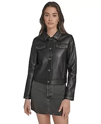 Faux Leather Studded Laydown Collar Jacket