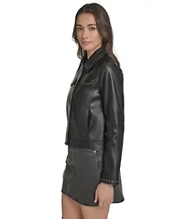 Faux Leather Studded Laydown Collar Jacket