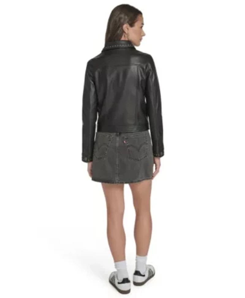 Faux Leather Studded Laydown Collar Jacket