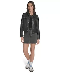 Faux Leather Studded Laydown Collar Jacket